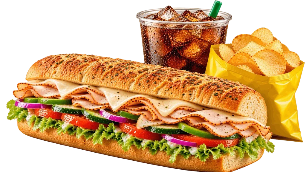 Meal of the Day 1 Subway Meal of the Day with a footlong sandwich, chips, and a cold drink